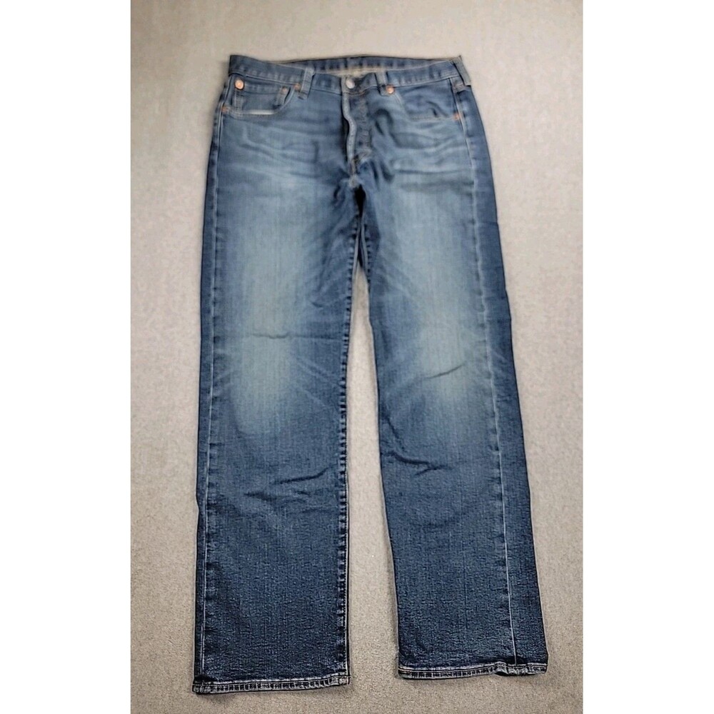 Levis Mens 501 (30x29) Jeans Straight Button Fly Mid Stretch Dark Blue